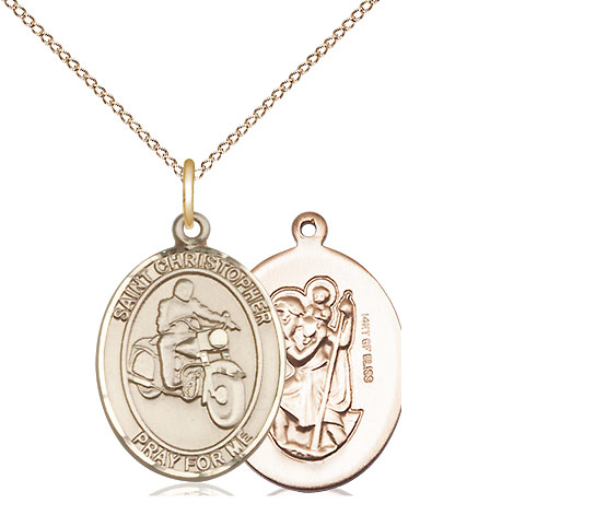 14kt Gold Filled Saint Christopher Motorcycle Pendant on a 18 inch Gold Filled Light Curb chain