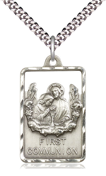 Sterling Silver Communion First Reconciliation Pendant on a 24 inch Light Rhodium Heavy Curb chain