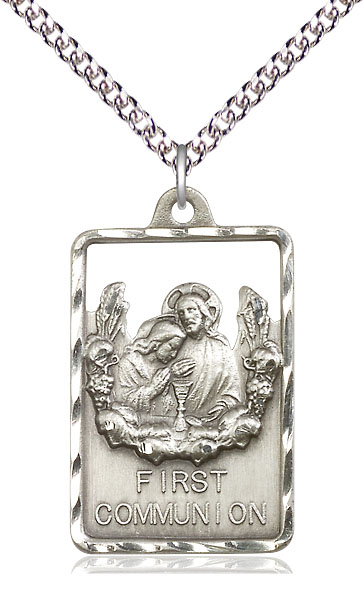 Sterling Silver Communion First Reconciliation Pendant on a 24 inch Sterling Silver Heavy Curb chain