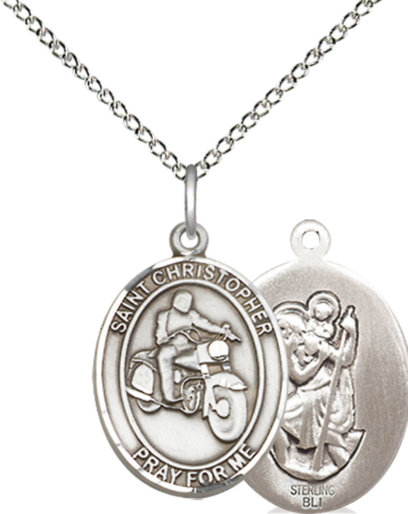 Sterling Silver Saint Christopher Motorcycle Pendant on a 18 inch Sterling Silver Light Curb chain