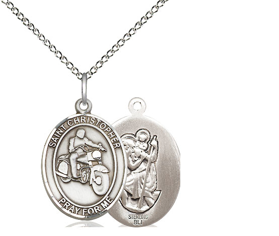 Sterling Silver Saint Christopher Motorcycle Pendant on a 18 inch Sterling Silver Light Curb chain