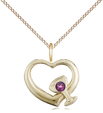14kt Gold Filled Heart / Chalice Pendant with a 3mm Amethyst Swarovski stone on a 18 inch Gold Filled Light Curb chain
