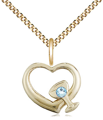 14kt Gold Filled Heart / Chalice Pendant with a 3mm Aqua Swarovski stone on a 18 inch Gold Plate Light Curb chain