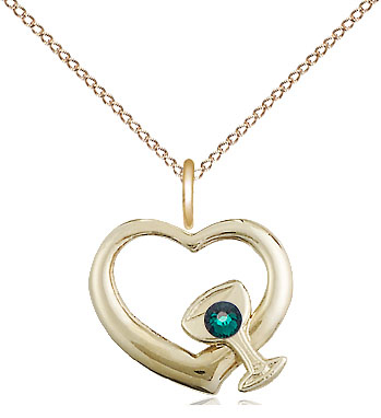 14kt Gold Filled Heart / Chalice Pendant with a 3mm Emerald Swarovski stone on a 18 inch Gold Filled Light Curb chain