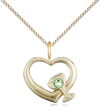 14kt Gold Filled Heart / Chalice Pendant with a 3mm Peridot Swarovski stone on a 18 inch Gold Filled Light Curb chain