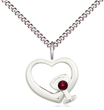 Sterling Silver Heart / Chalice Pendant with a 3mm Garnet Swarovski stone on a 18 inch Light Rhodium Light Curb chain