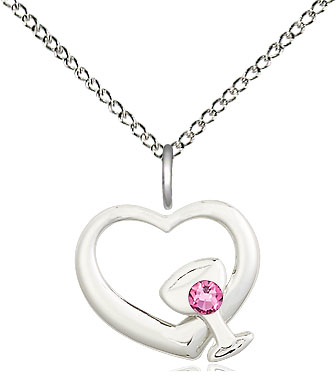Sterling Silver Heart / Chalice Pendant with a 3mm Rose Swarovski stone on a 18 inch Sterling Silver Light Curb chain