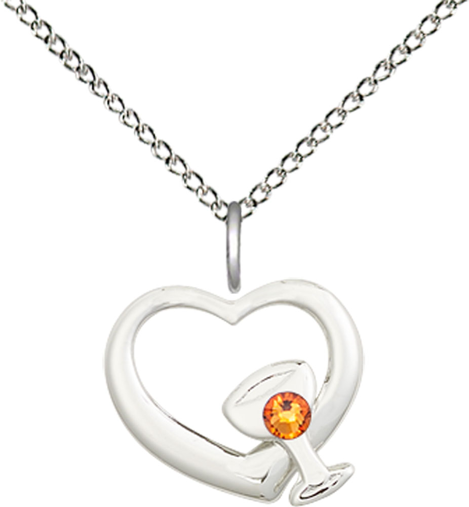 Sterling Silver Heart / Chalice Pendant with a 3mm Topaz Swarovski stone on a 18 inch Sterling Silver Light Curb chain