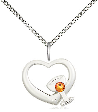 Sterling Silver Heart / Chalice Pendant with a 3mm Topaz Swarovski stone on a 18 inch Sterling Silver Light Curb chain