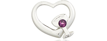 Sterling Silver Heart / Chalice Medal with a 3mm Amethyst Swarovski stone