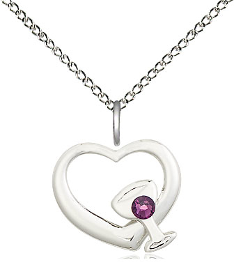 Sterling Silver Heart / Chalice Pendant with a 3mm Amethyst Swarovski stone on a 18 inch Sterling Silver Light Curb chain