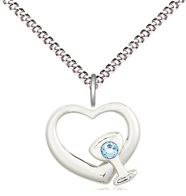 Sterling Silver Heart / Chalice Pendant with a 3mm Aqua Swarovski stone on a 18 inch Light Rhodium Light Curb chain