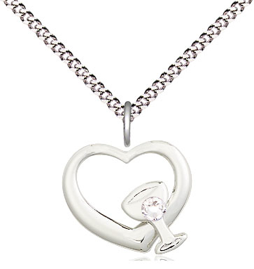 Sterling Silver Heart / Chalice Pendant with a 3mm Crystal Swarovski stone on a 18 inch Light Rhodium Light Curb chain