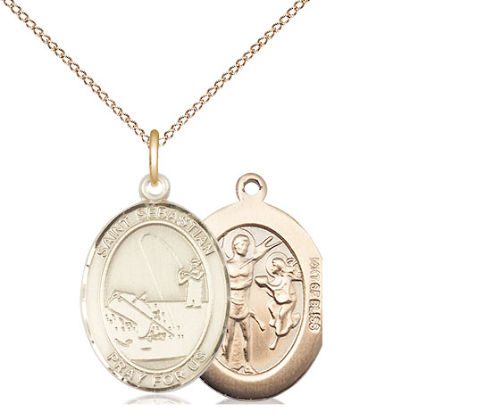 14kt Gold Filled Saint Sebastian Fishing Pendant on a 18 inch Gold Filled Light Curb chain