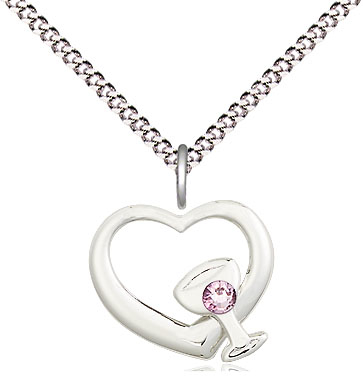 Sterling Silver Heart / Chalice Pendant with a 3mm Light Amethyst Swarovski stone on a 18 inch Light Rhodium Light Curb chain