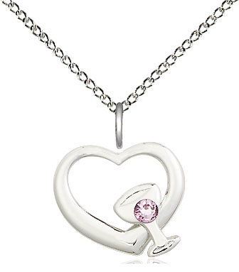 Sterling Silver Heart / Chalice Pendant with a 3mm Light Amethyst Swarovski stone on a 18 inch Sterling Silver Light Curb chain