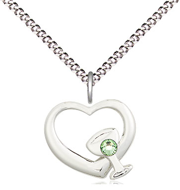Sterling Silver Heart / Chalice Pendant with a 3mm Peridot Swarovski stone on a 18 inch Light Rhodium Light Curb chain