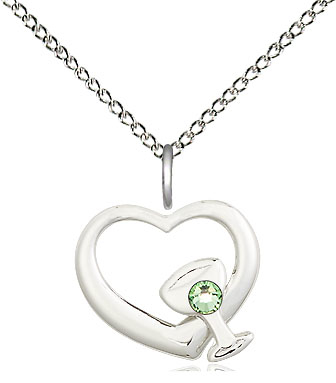 Sterling Silver Heart / Chalice Pendant with a 3mm Peridot Swarovski stone on a 18 inch Sterling Silver Light Curb chain
