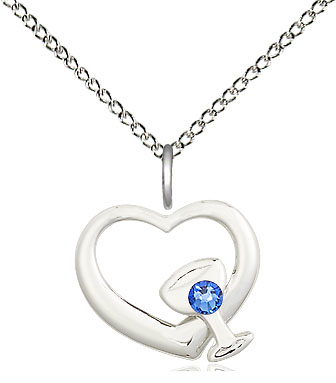 Sterling Silver Heart / Chalice Pendant with a 3mm Sapphire Swarovski stone on a 18 inch Sterling Silver Light Curb chain