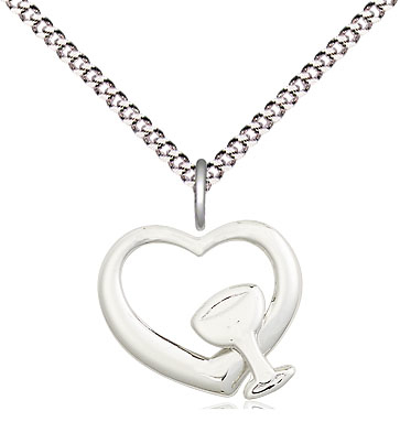Sterling Silver Heart / Chalice Pendant on a 18 inch Light Rhodium Light Curb chain