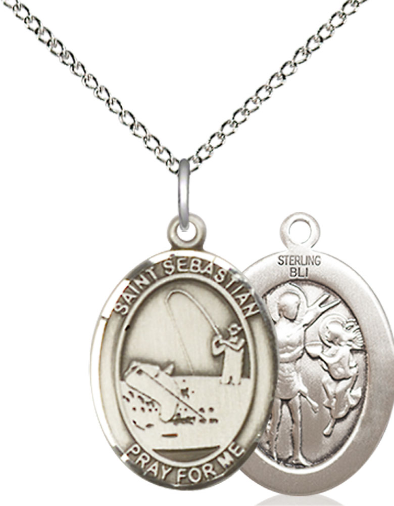 Sterling Silver Saint Sebastian Fishing Pendant on a 18 inch Sterling Silver Light Curb chain