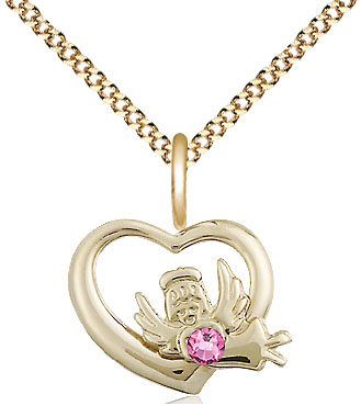 14kt Gold Filled Heart / Guardian Angel Pendant with a 3mm Rose Swarovski stone on a 18 inch Gold Plate Light Curb chain