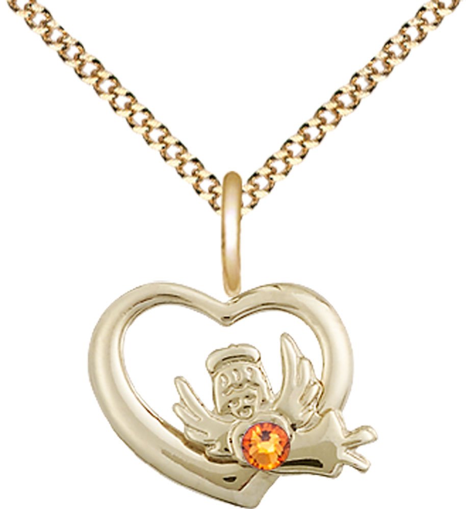 14kt Gold Filled Heart / Guardian Angel Pendant with a 3mm Topaz Swarovski stone on a 18 inch Gold Plate Light Curb chain