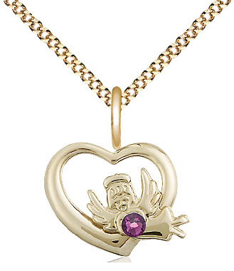 14kt Gold Filled Heart / Guardian Angel Pendant with a 3mm Amethyst Swarovski stone on a 18 inch Gold Plate Light Curb chain