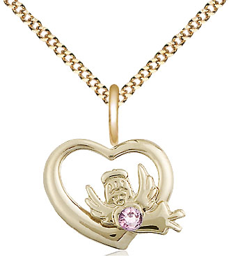 14kt Gold Filled Heart / Guardian Angel Pendant with a 3mm Light Amethyst Swarovski stone on a 18 inch Gold Plate Light Curb chain