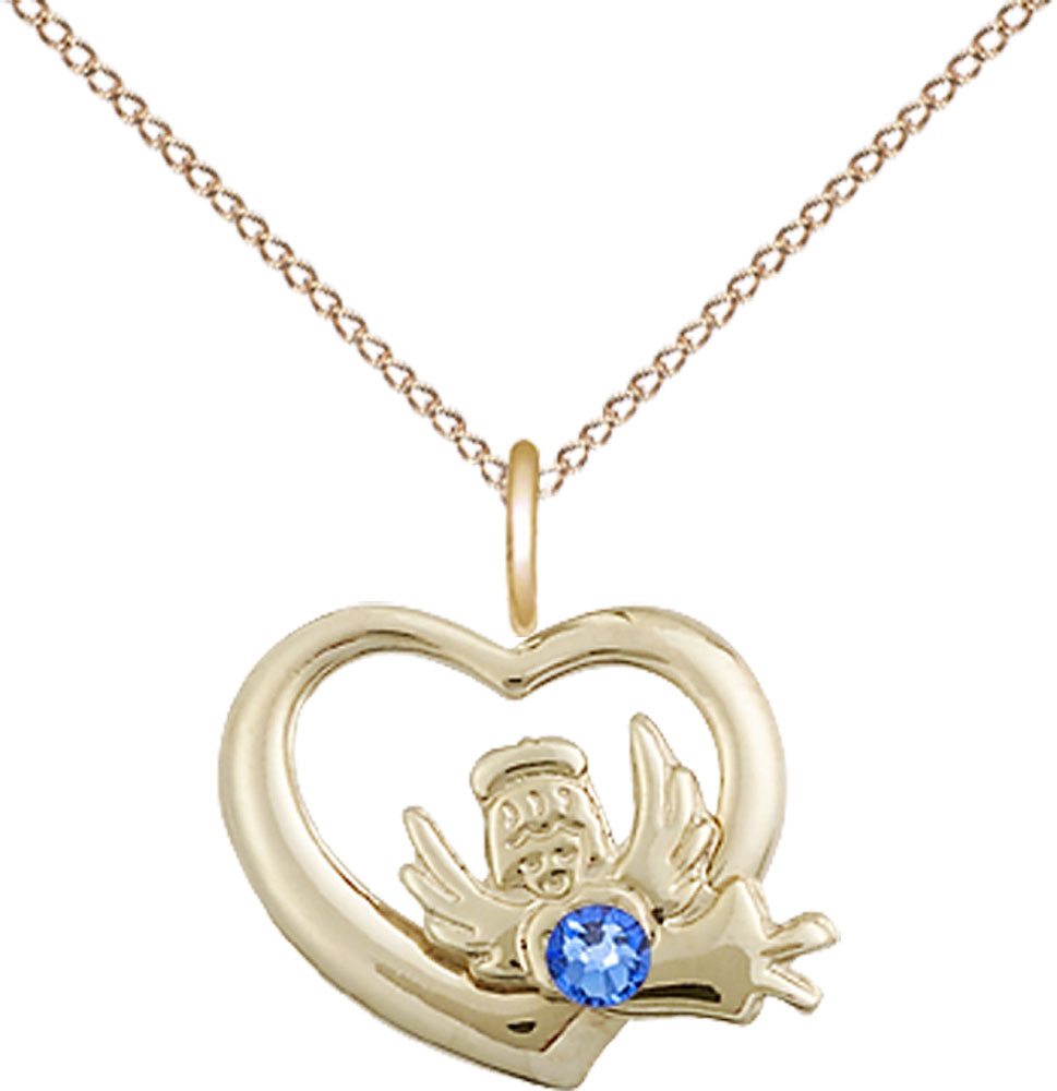 14kt Gold Filled Heart / Guardian Angel Pendant with a 3mm Sapphire Swarovski stone on a 18 inch Gold Filled Light Curb chain