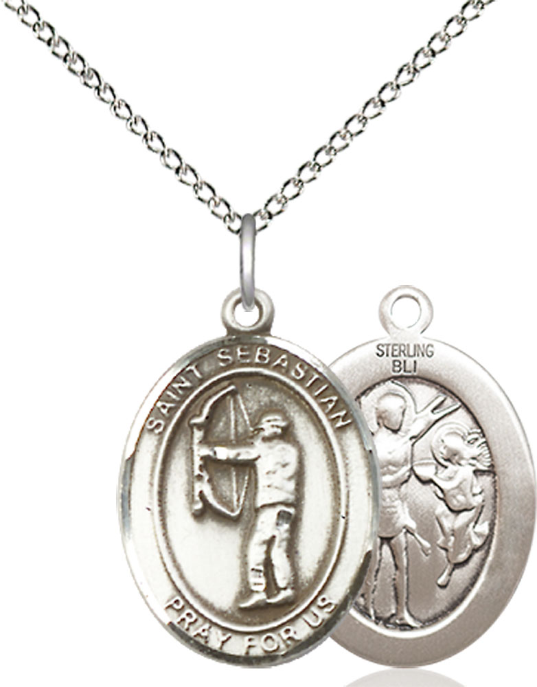 Sterling Silver Saint Sebastian Archery Pendant on a 18 inch Sterling Silver Light Curb chain