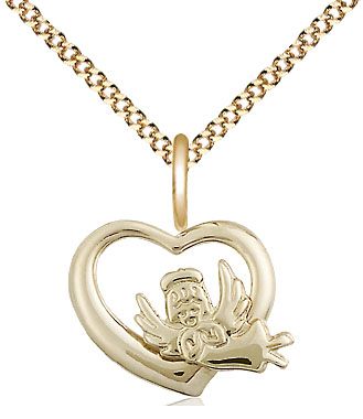 14kt Gold Filled Heart Guardian Angel Pendant on a 18 inch Gold Plate Light Curb chain