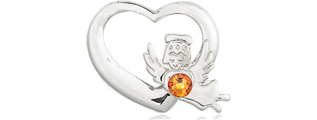 Sterling Silver Heart / Guardian Angel Medal with a 3mm Topaz Swarovski stone