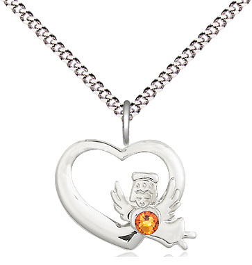 Sterling Silver Heart / Guardian Angel Pendant with a 3mm Topaz Swarovski stone on a 18 inch Light Rhodium Light Curb chain