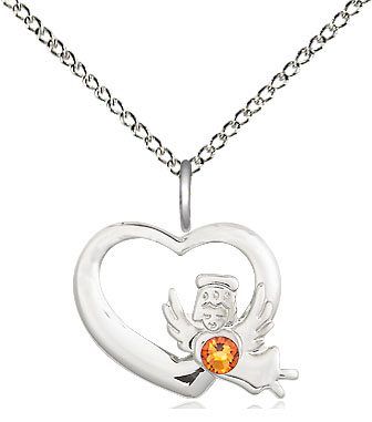 Sterling Silver Heart / Guardian Angel Pendant with a 3mm Topaz Swarovski stone on a 18 inch Sterling Silver Light Curb chain
