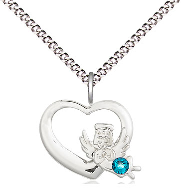 Sterling Silver Heart / Guardian Angel Pendant with a 3mm Zircon Swarovski stone on a 18 inch Light Rhodium Light Curb chain