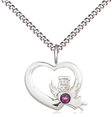 Sterling Silver Heart / Guardian Angel Pendant with a 3mm Amethyst Swarovski stone on a 18 inch Light Rhodium Light Curb chain