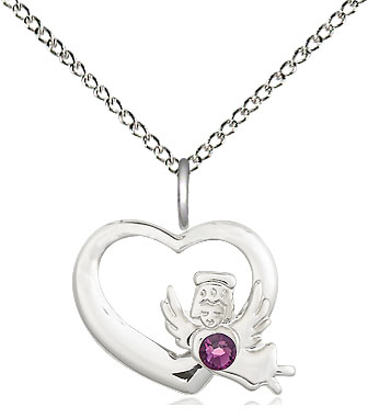 Sterling Silver Heart / Guardian Angel Pendant with a 3mm Amethyst Swarovski stone on a 18 inch Sterling Silver Light Curb chain