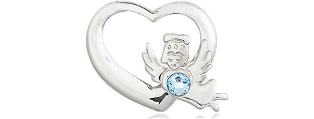 Sterling Silver Heart / Guardian Angel Medal with a 3mm Aqua Swarovski stone