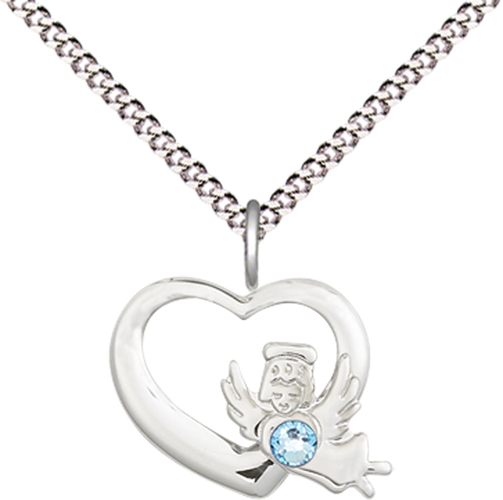 Sterling Silver Heart / Guardian Angel Pendant with a 3mm Aqua Swarovski stone on a 18 inch Light Rhodium Light Curb chain