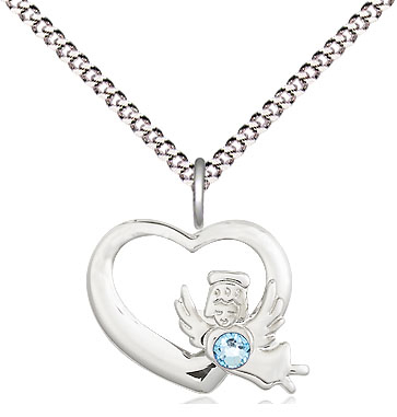 Sterling Silver Heart / Guardian Angel Pendant with a 3mm Aqua Swarovski stone on a 18 inch Light Rhodium Light Curb chain