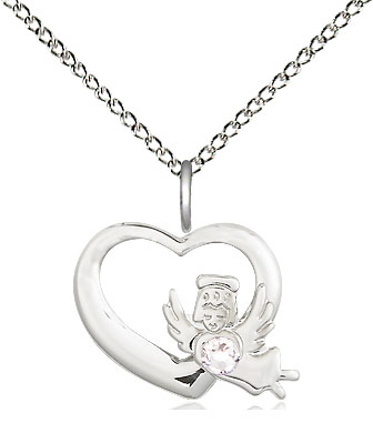 Sterling Silver Heart / Guardian Angel Pendant with a 3mm Crystal Swarovski stone on a 18 inch Sterling Silver Light Curb chain