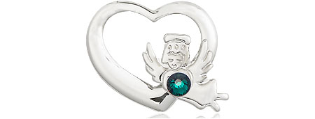 Sterling Silver Heart / Guardian Angel Medal with a 3mm Emerald Swarovski stone
