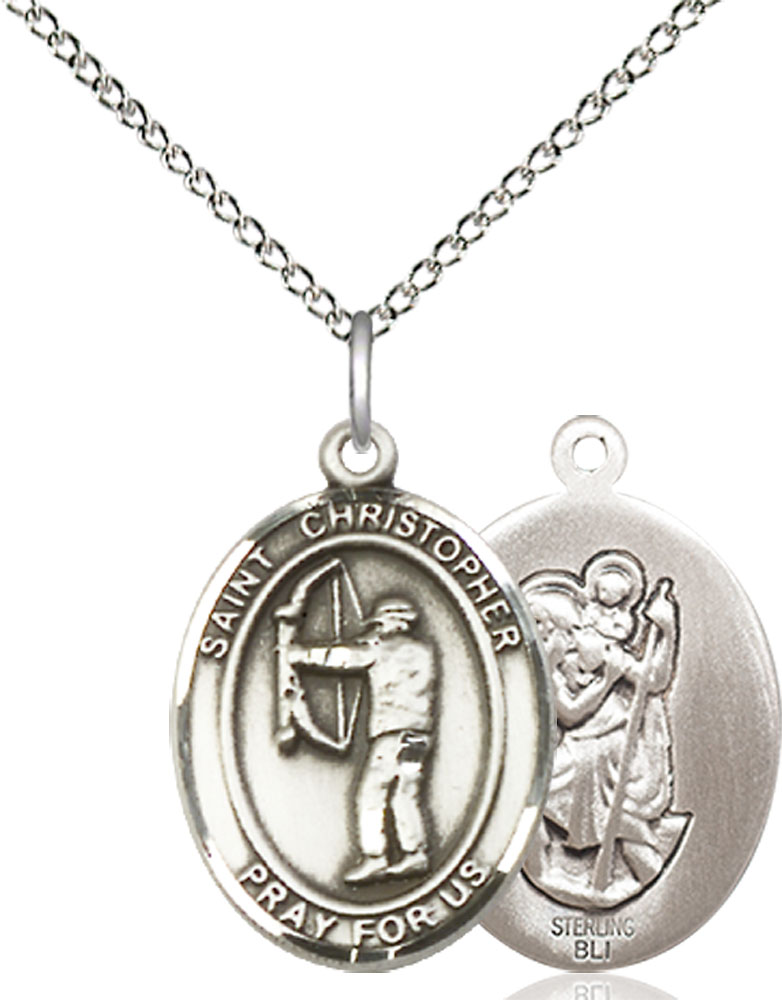Sterling Silver Saint Christopher Archery Pendant on a 18 inch Sterling Silver Light Curb chain