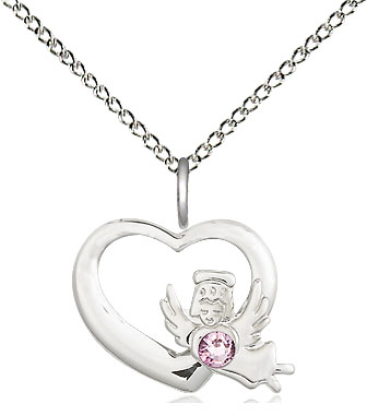 Sterling Silver Heart / Guardian Angel Pendant with a 3mm Light Amethyst Swarovski stone on a 18 inch Sterling Silver Light Curb chain