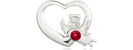 Sterling Silver Heart / Guardian Angel Medal with a 3mm Ruby Swarovski stone