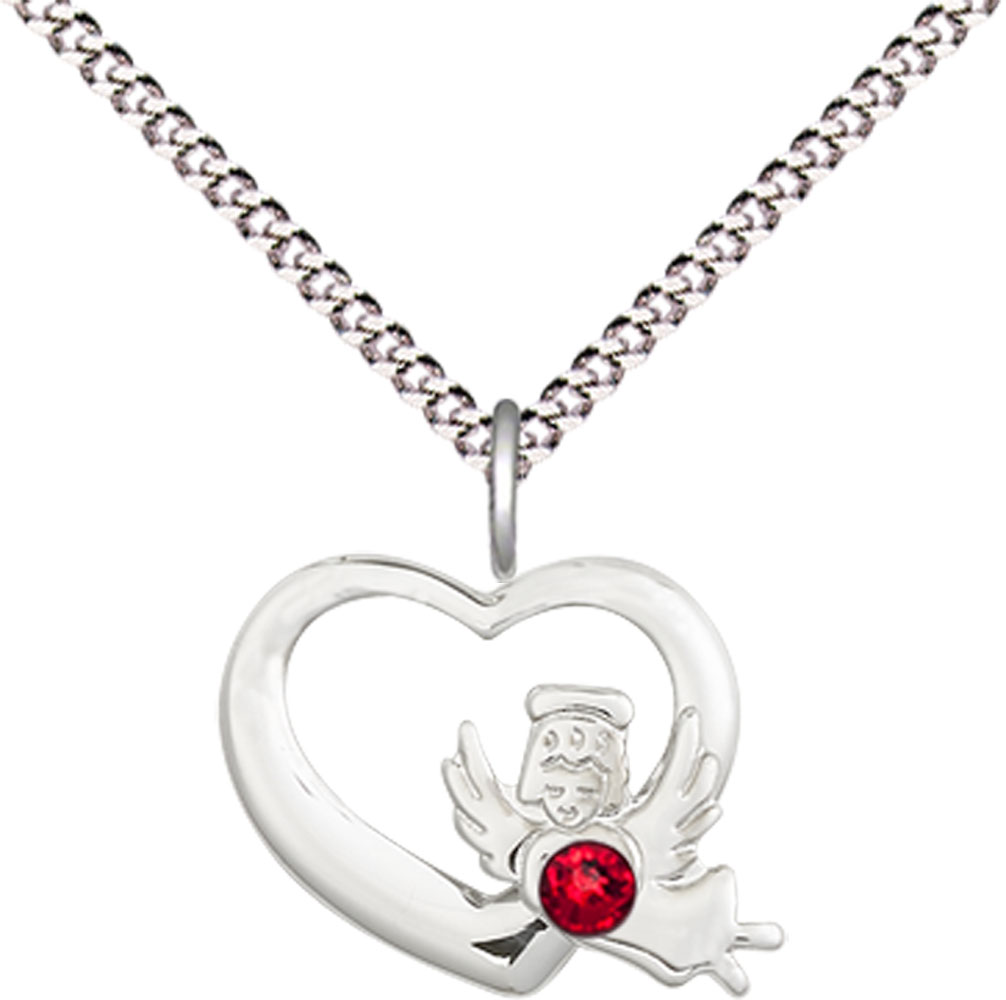 Sterling Silver Heart / Guardian Angel Pendant with a 3mm Ruby Swarovski stone on a 18 inch Light Rhodium Light Curb chain
