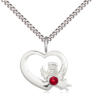 Sterling Silver Heart / Guardian Angel Pendant with a 3mm Ruby Swarovski stone on a 18 inch Light Rhodium Light Curb chain