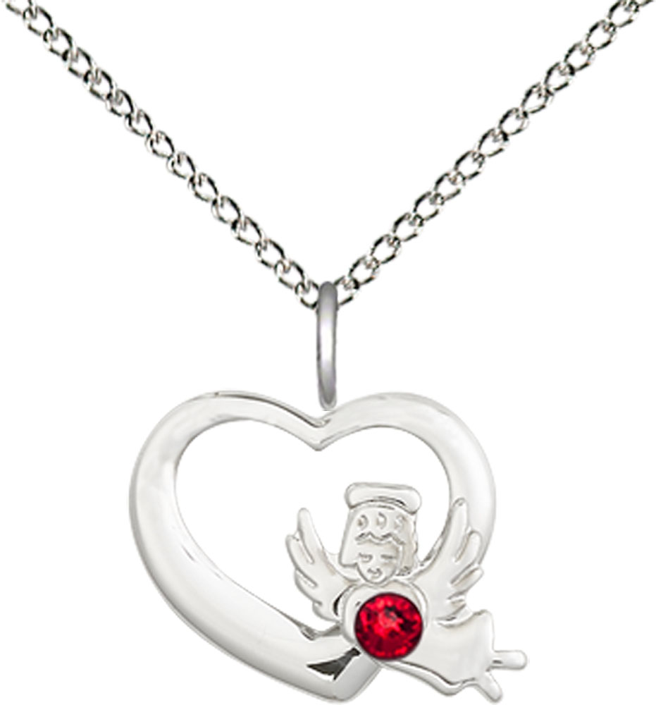 Sterling Silver Heart / Guardian Angel Pendant with a 3mm Ruby Swarovski stone on a 18 inch Sterling Silver Light Curb chain