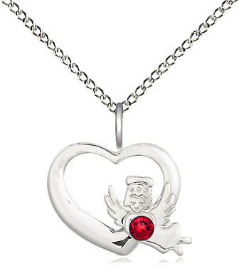 Sterling Silver Heart / Guardian Angel Pendant with a 3mm Ruby Swarovski stone on a 18 inch Sterling Silver Light Curb chain